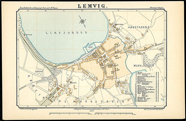 Lemvig. Flerfarve bykort 15x22 cm fra Trap Danmark 3. Udgave (1898-1906).