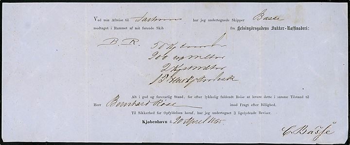 Konnossement udfærdiget i Kjøbenhavn d. 20.4.1865 for gods sendt med skipper Basse til Aarhus.
