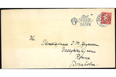 20 øre Chr. X på indgående brev fra København d. 18.4.1947 til Oberstløjtnant J. M. Jørgensen, Galløkkelejren ved Rønne. Galløkke lejren var den tidligere tyske og senere russiske militærlejr, hvorfra barakker blev overflyttet til den nyoprettede St. Almegaardslejr som åbnede i oktober 1947.