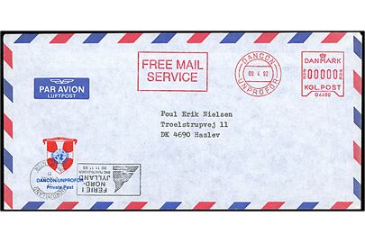 000 øre DANCON UNPROFOR Free Mail Service frankostempel på luftpostbrev d. 9.4.1992 fra danske FN-styrker i Dvor, Jugoslavien til Haslev, Danmark.  