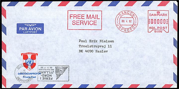 000 øre DANCON UNPROFOR Free Mail Service frankostempel på luftpostbrev d. 9.4.1992 fra danske FN-styrker i Dvor, Jugoslavien til Haslev, Danmark.  