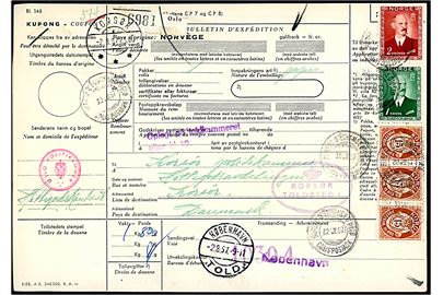 15 øre Posthorn (3), 1 kr. og 2 kr. Haakon VII på internationalt adressekort for pakke fra Oslo d. 30.7.1957 via København til Korsør.