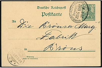 5 pfg. Reichpost Germania helsagsbrevkort fra Højer annulleret med bureaustempel Hamburg - Hoyerschleuse Bahnpost Zug 1007 d. 29.8.1900 til Brøns.