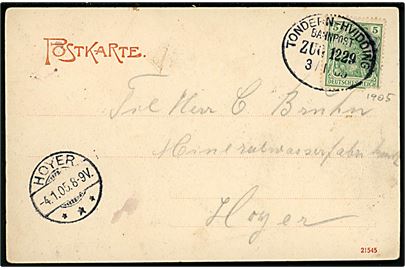 5 pfg. Germania (defekt) på brevkort annulleret med bureaustempel Tondern - Hvidding Bahnpost Zug 1229 d. 3.1.1905 til Højer.