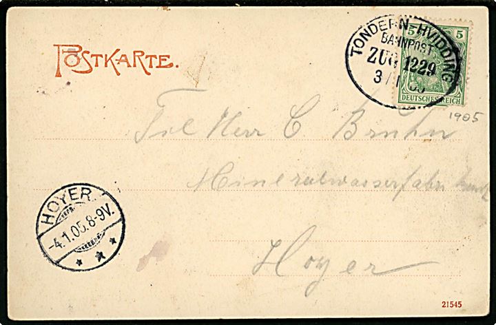 5 pfg. Germania (defekt) på brevkort annulleret med bureaustempel Tondern - Hvidding Bahnpost Zug 1229 d. 3.1.1905 til Højer.