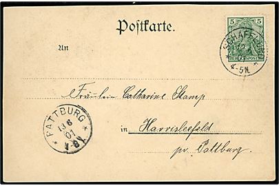 5 pfg. Germania på brevkort (Gruss aus Neukrug) annulleret Schafflund d. 12.6.1901 til Harrisleefeld pr. Pattburg. Ank.stemplet med 1-ringsstempel Pattburg d. 13.6.1901.