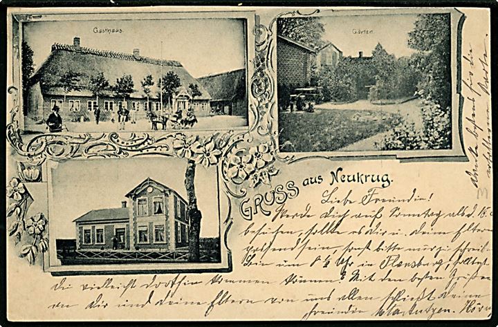 5 pfg. Germania på brevkort (Gruss aus Neukrug) annulleret Schafflund d. 12.6.1901 til Harrisleefeld pr. Pattburg. Ank.stemplet med 1-ringsstempel Pattburg d. 13.6.1901.
