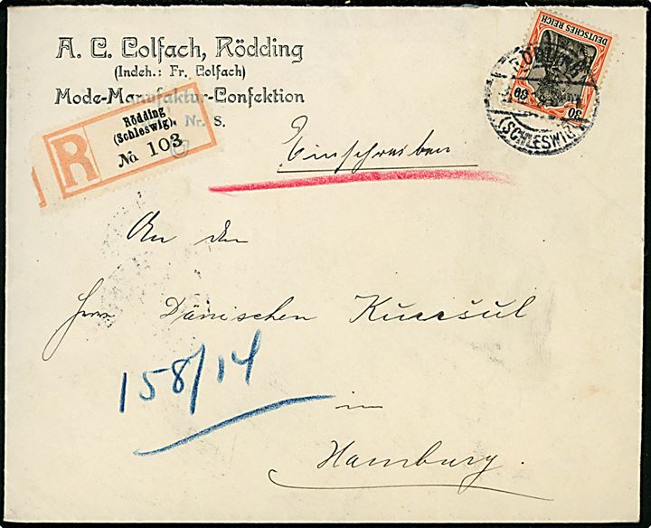 30 pfg. Germania på anbefalet brev stemplet Rödding (Schleswig) d. 5.12.1914 til det danske konsulat i Hamburg.