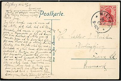 10 pfg. Germania på brevkort (Visby Forsamlingshus) dateret i Trøjberg og annulleret med 1-ringsstempel Wiesby d. 28.5.1907 til Bøvlingbjerg pr. Faare St., Danmark.