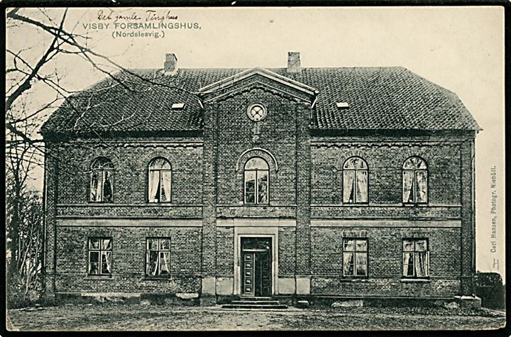 10 pfg. Germania på brevkort (Visby Forsamlingshus) dateret i Trøjberg og annulleret med 1-ringsstempel Wiesby d. 28.5.1907 til Bøvlingbjerg pr. Faare St., Danmark.