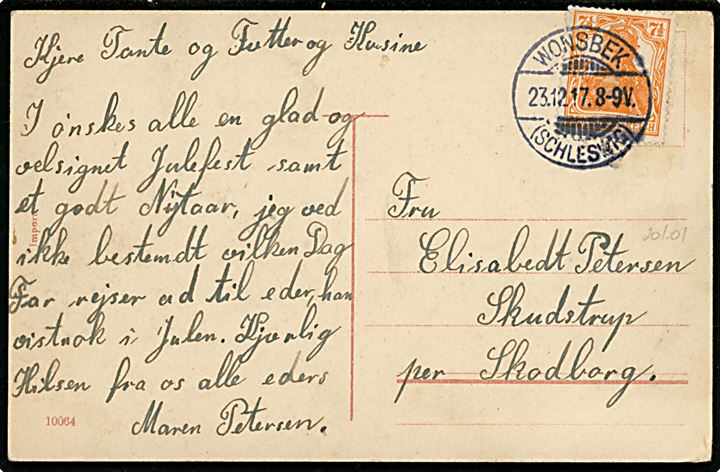 7½ pfg. Germania på nytårskort annulleret Wonsbek (Schleswig) d. 23.12.1917 til Skudstrup pr. Skodborg.