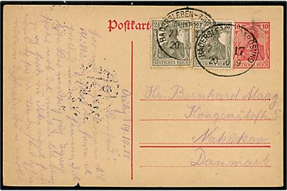10 pfg. helsagsbrevkort opfrankeret med 2½ pfg. Germania (2) fra Øsby annulleret med bureaustempel Hadersleben - Aarösund Bahnpost Zug 17 d. 20.10.1919 til Nakskov, Danmark.