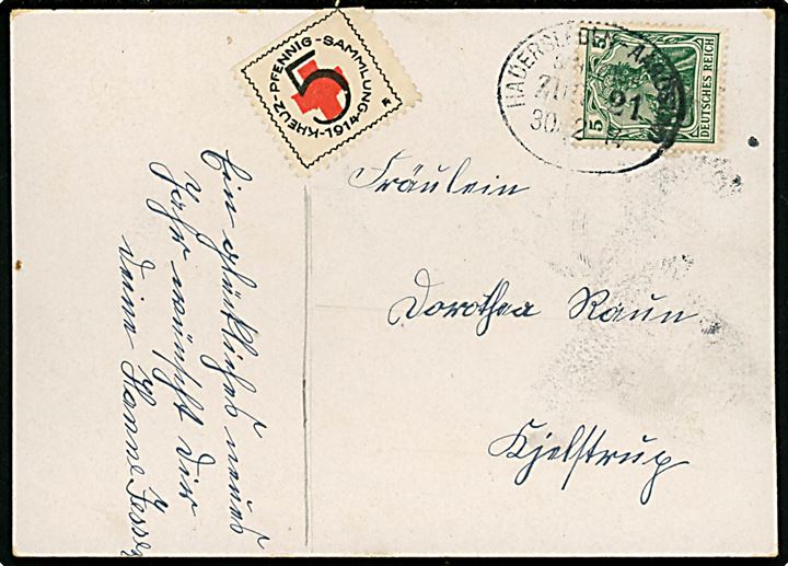 5 pfg. Germania og 5 pfg. Kreuz Pfennig Sammlung 1914 mærkat på nytårskort annulleret med bureaustempel Hadersleben - Aarösund Bahnpost Zug 21 d. 30.12.1914.