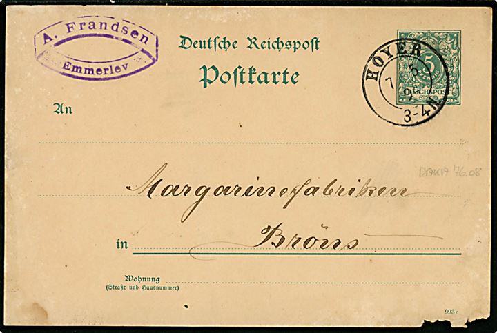 5 pfg. Ciffer helsagsbrevkort fra Emmerlev annulleret med 2-ringsstempel Hoyer d. 7.5.1894 til Brøns. Skader i nedre højre hjørne.