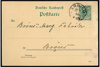 5 pfg. Ciffer helsagsbrevkort annulleret med 1-ringsstempel Arrild d. 12.9.1894 til Brøns.