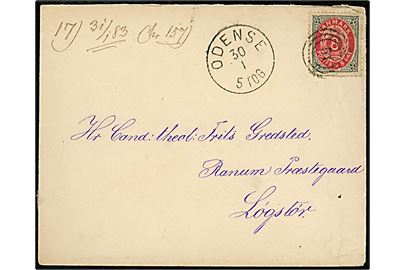8 øre Tofarvet (kort hj.tak) på brev annulleret med nr.stempel 51 og sidestemplet lapidar Odense d. 30.1.1883 til Ranum Præstegaard pr. Løgstør.