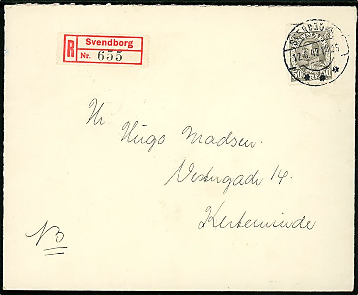 50 øre Chr. X single på anbefalet brev fra Svendborg d. 12.6.1942 til Kerteminde.