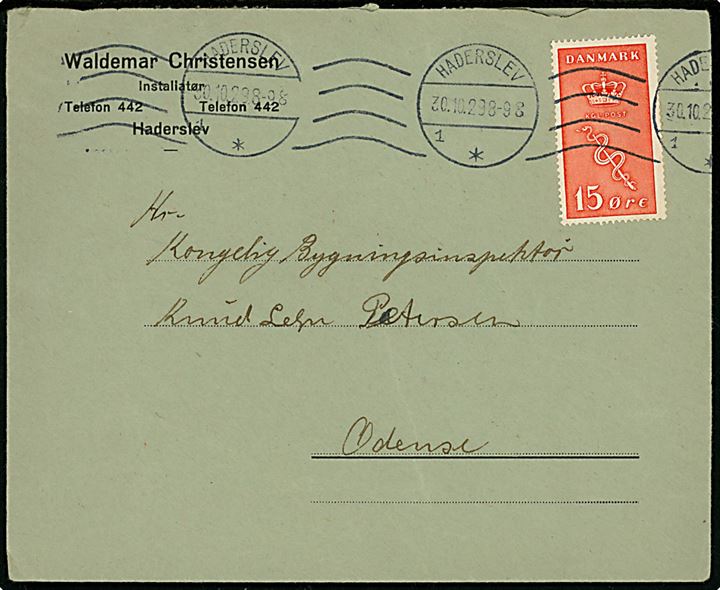 15+5 øre Kræftmærke single på brev fra Haderslev d. 30.10.1929 til Odense.