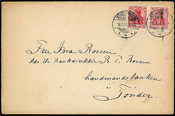 10 pfg. Germania (2) på brev stemplet Mögeltondern d. 9.11.1910 til Tønder.