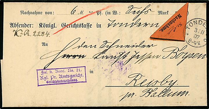 Ufrankeret tjenestebrev med postopkrævning med enringsstempel Tondern *C d. 3.11.1907 til Reisby pr. Ballum. På bagsiden ank.stemplet Ballum (Schleswig). Tondern *C stempel benyttet 2 år senere end angivet i Daka.