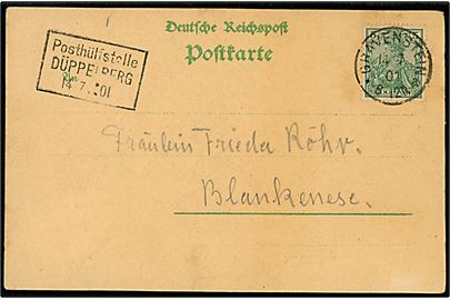 5 pfg. Reichpost Germania på brevkort (Düppel Denkmal) annulleret Gravenstein d. 14.7.1901 og sidestemplet med rammestempel Posthülfstelle DÜPPELBERG d. 14.7.1901 til Blankenese.
