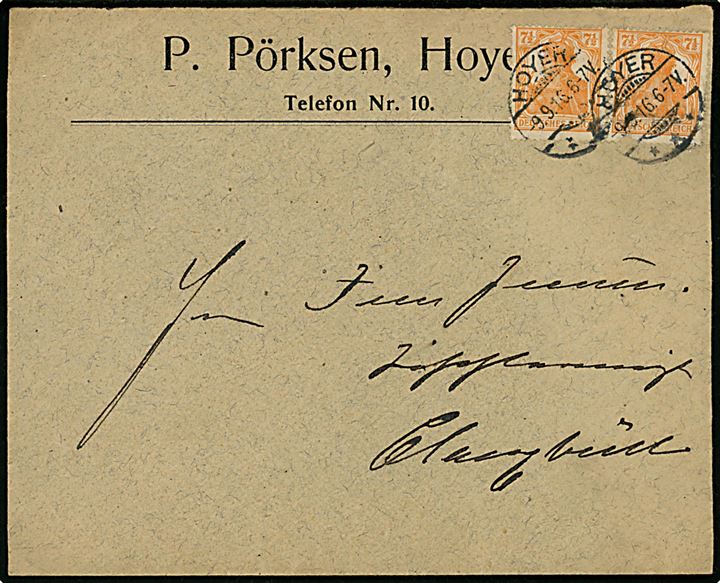 7½ pfg. Germania (2) på brev annulleret Hoyer *** d. 9.9.1916.
