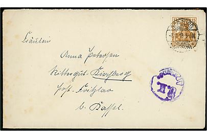 15 pfg. Germania på brev stemplet Norburg *(Alsen)* d. 8.1.1918 til Kassel. Violet censurstempel: Ü.K. Apenrade.