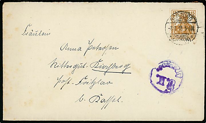15 pfg. Germania på brev stemplet Norburg *(Alsen)* d. 8.1.1918 til Kassel. Violet censurstempel: Ü.K. Apenrade.