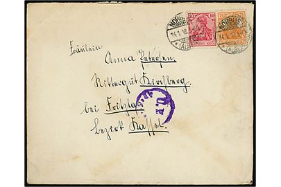 7½ pfg. og 10 pfg. Germania på brev annulleret Norburg *(Alsen)* d. 14.1.1918 til Kassel. Violet censurstempel: Ü.K. Apenrade.