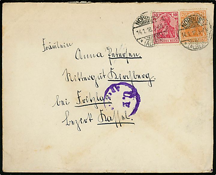 7½ pfg. og 10 pfg. Germania på brev annulleret Norburg *(Alsen)* d. 14.1.1918 til Kassel. Violet censurstempel: Ü.K. Apenrade.