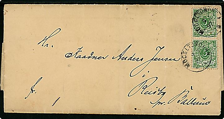5 pfg. Cifer (2) på brev annulleret Mögeltondern d. 9.3.1897 til Reisby pr. Ballum. På bagsiden ank.stemplet med 2-ringsstempel Ballum d. 10.3.1897.