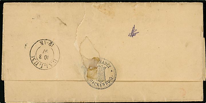 5 pfg. Cifer (2) på brev annulleret Mögeltondern d. 9.3.1897 til Reisby pr. Ballum. På bagsiden ank.stemplet med 2-ringsstempel Ballum d. 10.3.1897.