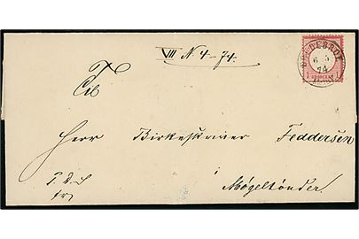 1 gr. Lille Brystskjold udg. på tjenestebrev annulleret med enringsstempel Bredebroe d. 6.5.1874 til Mögeltondern.