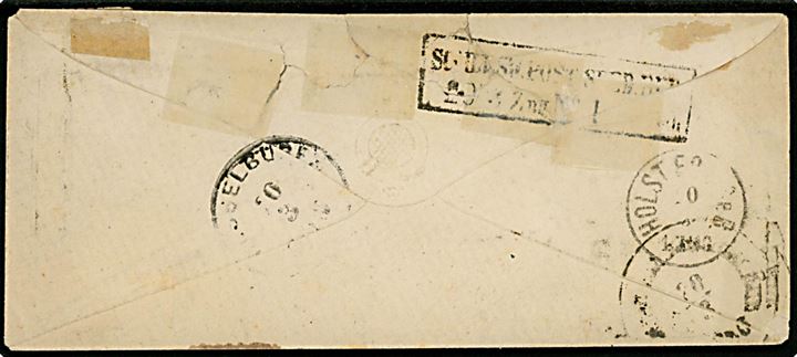 Herzogth. Schleswig 1 1/4 Sch. stukken kant på brev annulleret med 2-ringsstempel Tondern d. 19.3.1866 til Wesselburen i Dithmarschen. På bagsiden flere transit stempler. Kuvert lukket med frimærkehængsler. 
