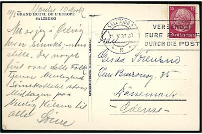 Anschluss. Tysk 15 pfg. Hindenburg anvendt på brevkort i Østrig og annulleret med TMS i Salzburg d. 11.5.1938 til Odense, Danmark.