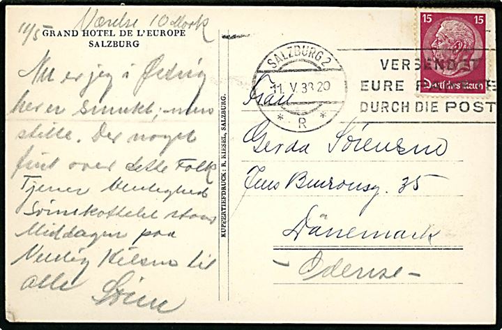 Anschluss. Tysk 15 pfg. Hindenburg anvendt på brevkort i Østrig og annulleret med TMS i Salzburg d. 11.5.1938 til Odense, Danmark.