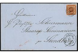 4 sk. 1858 udg. på brev annulleret med nr.stempel 107 og sidestemplet antiqua Nordborg d. 31.7.1859 til professor Schurmann, Skaarup Seminarium pr. Svendborg.