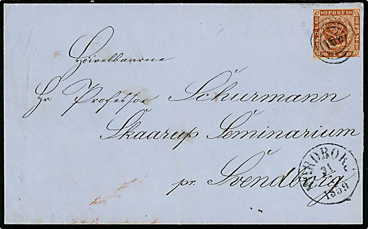 4 sk. 1858 udg. på brev annulleret med nr.stempel 107 og sidestemplet antiqua Nordborg d. 31.7.1859 til professor Schurmann, Skaarup Seminarium pr. Svendborg.