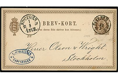 6 øre helsagsbrevkort fra Kjøbenhavn annulleret med svensk bureaustempel PKXP.No. 2 UPP d. 31.7.1879 til Stockholm, Sverige.