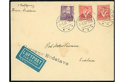 7 øre Nikolai kirke og 15 øre Tavsen (2) på filatelistisk isluftpost brev fra Horsens d. 2.2.1937 til Endelave. På bagsiden udslebet stjernestempel Endelave.