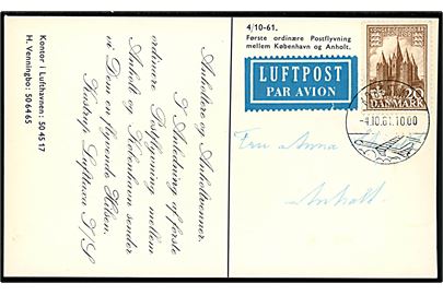 20 øre 1000 års udg. på særligt 1.-flyvnings luftpost brevkort (Kastrup Lufttaxa I/S på Anholt) befordret med første ordinære postflyvning mellem København d. 4.10.1961 og Anholt.