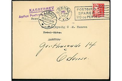20 øre Karavel på brev fra Odense d. 17.6.1941 til Hotel Ritz, Aarhus. Eftersendt til Odense med violet stempel: Kassebrev / Aarhus Postkontor.