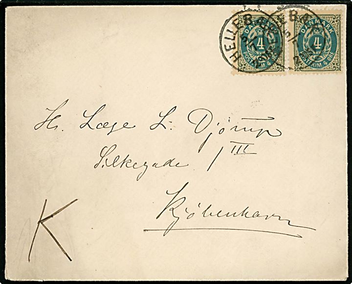 4 øre Tofarvet (2) på brev annulleret med lapidar Hellebæk d. 5.7.1895 til Kjøbenhavn.