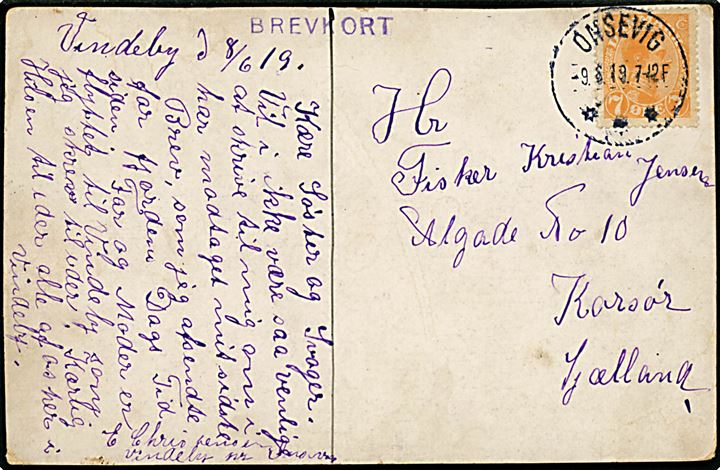 7 øre Chr. X på brevkort dateret i Vindeby annulleret med brotype IIIb Onsevig d. 9.6.1919 til Korsør.