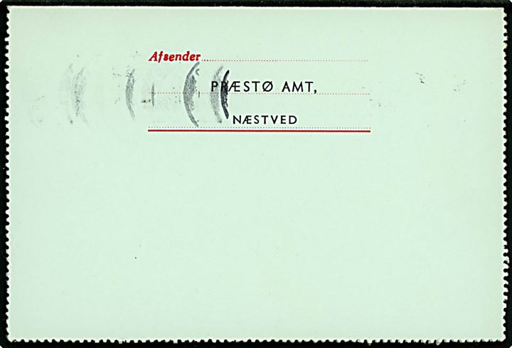 35/30 øre provisorisk helsags korrespondancekort (fabr. 113) opfrankeret med 30/25 øre helsagsafklip sendt lokalt fra Præstø Amt i Næstved d. 30.6.1970. 