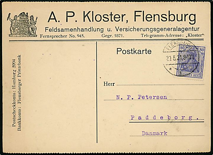 80 pfg. Germania på udlandsfrankeret brevkort fra Flensburg d. 20.5.1921 til Paddeborg, Danmark. Interessant brevkort sendt i den korte periode (17.6.1920-26.9.1921) hvor der ingen grænseporto aftale var mellem Danmark og Tyskland pga. grænseflytning.