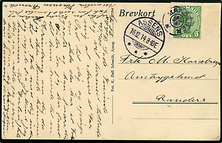 5 øre Chr. X på brevkort (Brænde Mølle) annulleret med stjernestempel SANDAGER og sidestemplet Assens d. 16.12.1914 til Randers.
