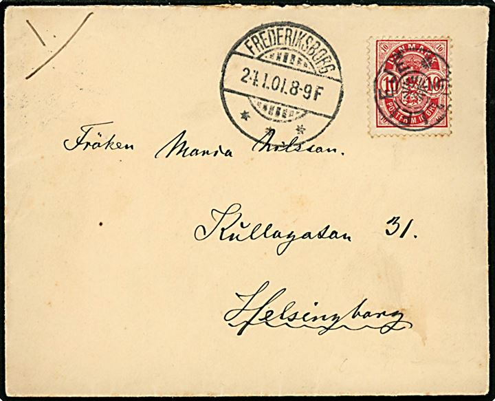 10 øre Våben på brev annulleret med stjernestempel GILLELEJE og sidestemplet Frederiksborg d. 24.1.1901 til Helsingborg, Sverige.