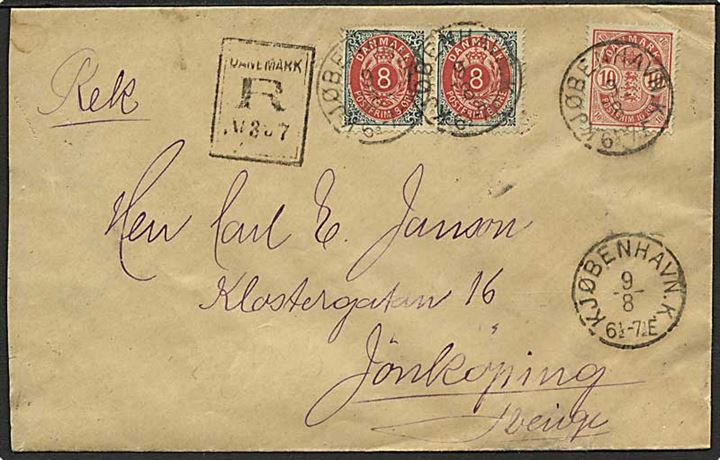 8 øre Tofarvet i parstykke og 10 øre Våben på 26 øre frankeret anbefalet brev fra Kjøbenhavn d. 9.8.1892 til Jönköping, Sverige.