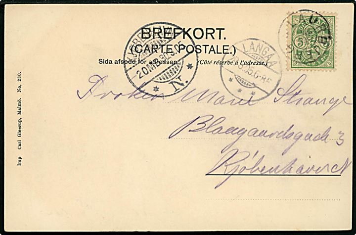 5 øre Våben på brevkort annulleret med stjernestempel LAURBJERG og sidestemplet Langaa d. 29.3.1905 til København.